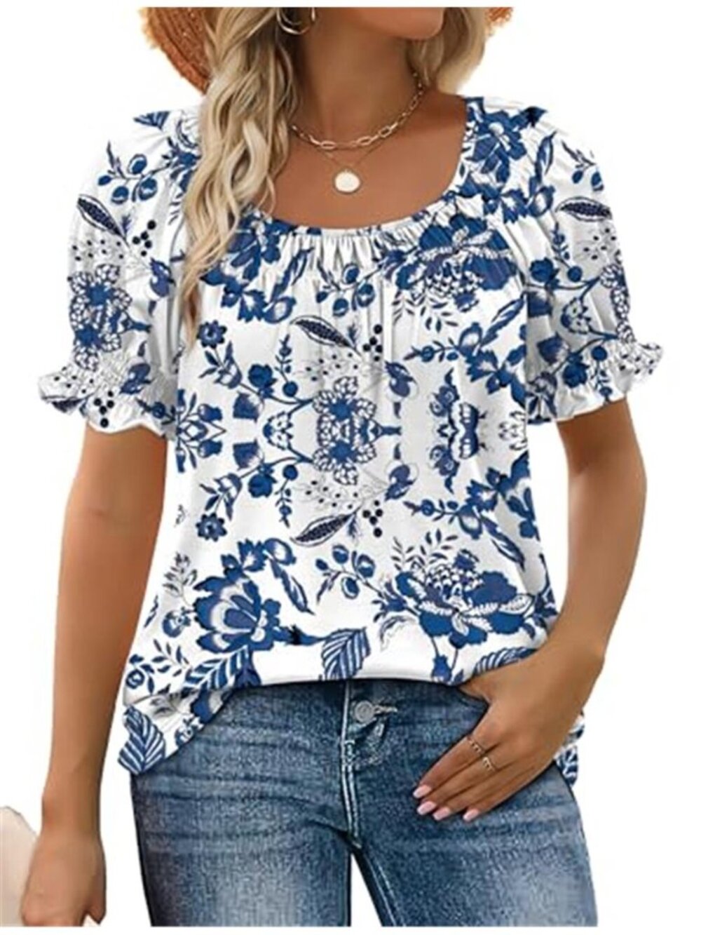 Blue & White Floral Square Neck Smocked Sleeve Casual Blouse Top